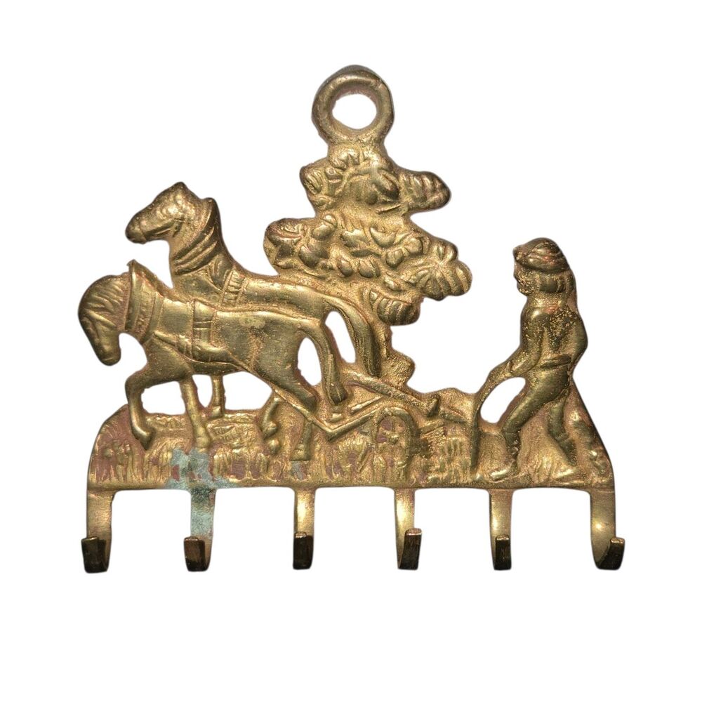 VTG Unmarked Small Brass Keyhook Featuring Farmer Plowing With Team Of Horses